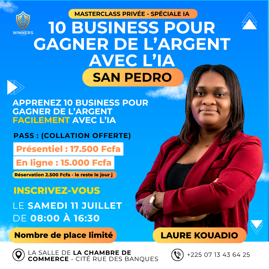 Affiche Masterclass 10 business pour gagner de l'argent avec l'IA à San Pedro